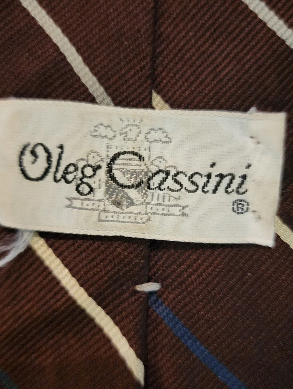 Vintage OLEG CASSINI Men’s Tie Brown Blue Striped Polyester Retro Necktie